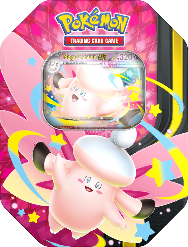 Pokémon Lunar Light Mega Tin · Mega-Clefable ex (4 booster packs + holographic promo card) · gachapon coleccionable