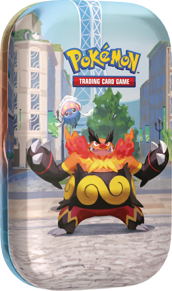Pokémon Minilata Ciudad Luminalia · Emboar e Inkay (2 sobres + carta ilustrada + pegatina) · gachapon coleccionable