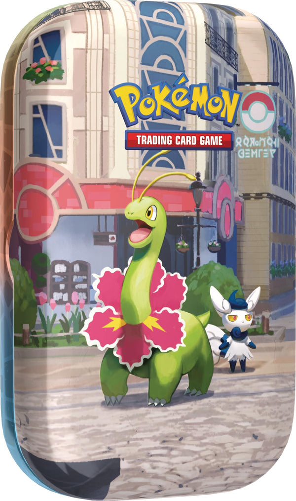 Pokémon Minilata Ciudad Luminalia · Meganium y Meowstic (2 sobres + carta ilustrada + pegatina) · gachapon coleccionable