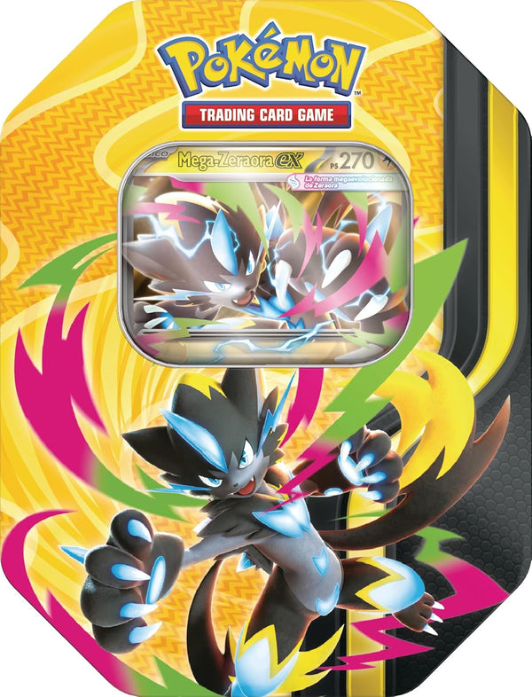 Pokémon Lata Megapotencia · Mega-Zeraora ex (español · 4 sobres + carta promo holográfica) · gachapon coleccionable