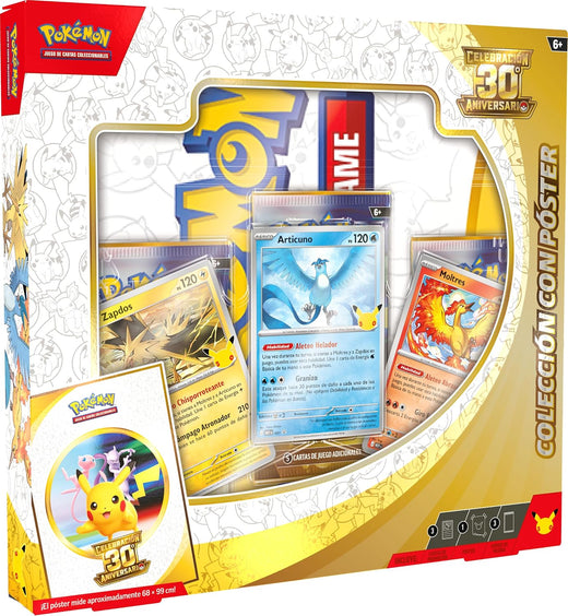 Pokémon: Colección con Póster de Celebración 30.º Aniversario de JCC Pokémon (3 cartas promo, 1 póster y 3 sobres de mejora)