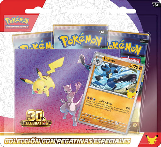 Pokémon Colección Pegatinas Especiales · Celebración 30.º Aniversario · Lucario (1 carta promo holográfica + 3 sobres de mejora)