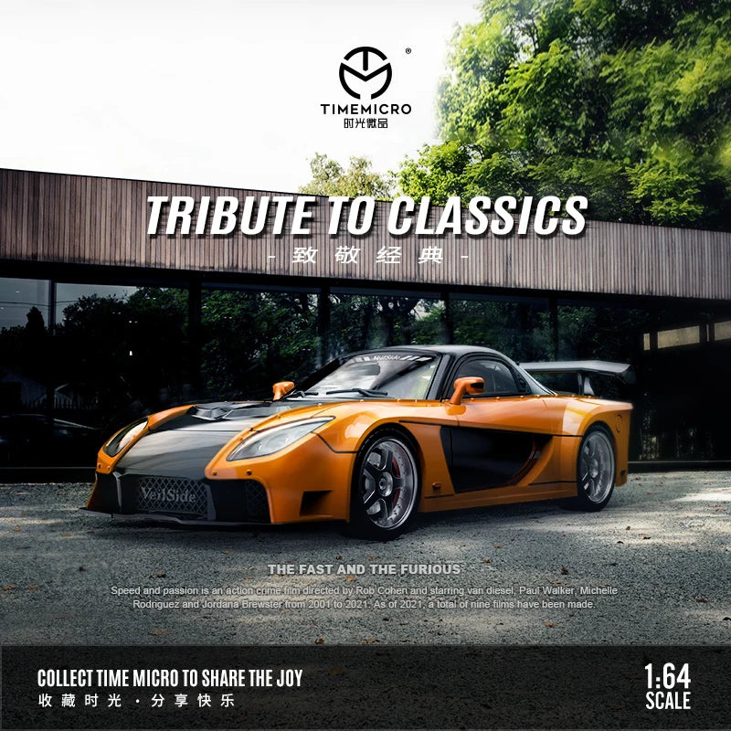 Coche a escala 1:64 Mazda RX-7 naranja estilo JDM Tokyo Drift, diecast de metal — Don Gachapón