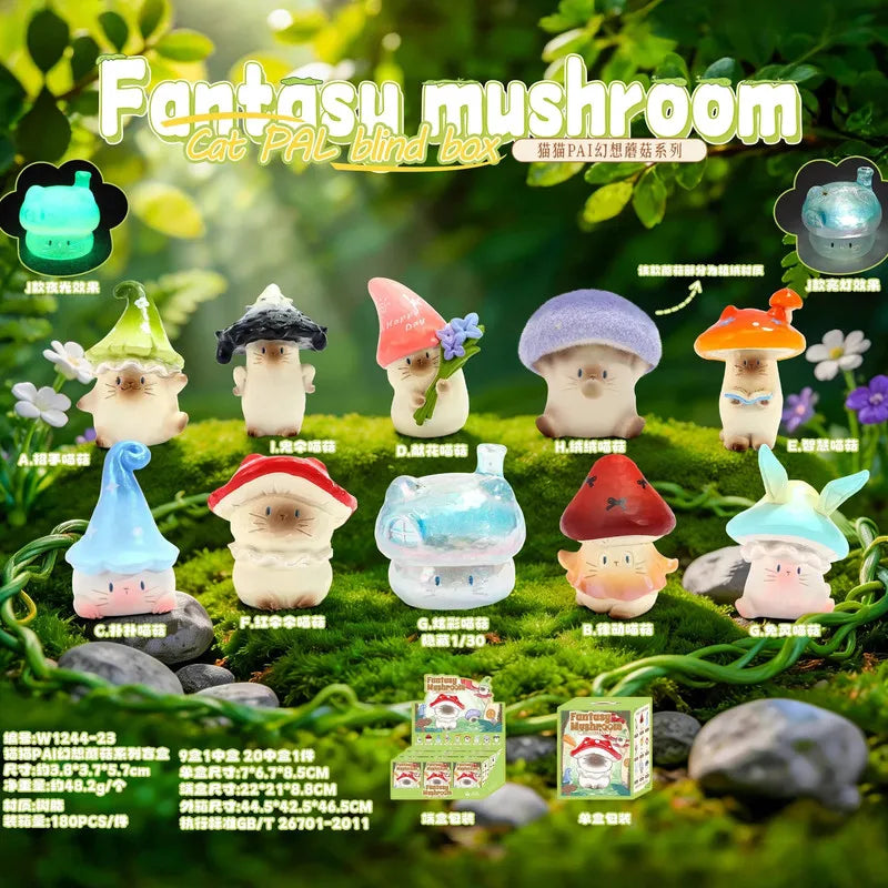 Caja sorpresa de figuras de gatos seta kawaii de estilo japonés, serie Fantasy Mushroom — Don Gachapón